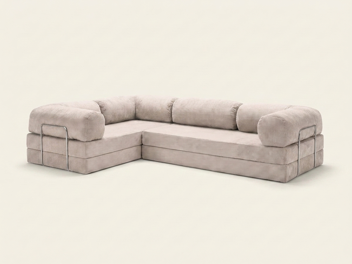 Nora Angle, canapé d'angle convertible en velours côtelé, coloris beige