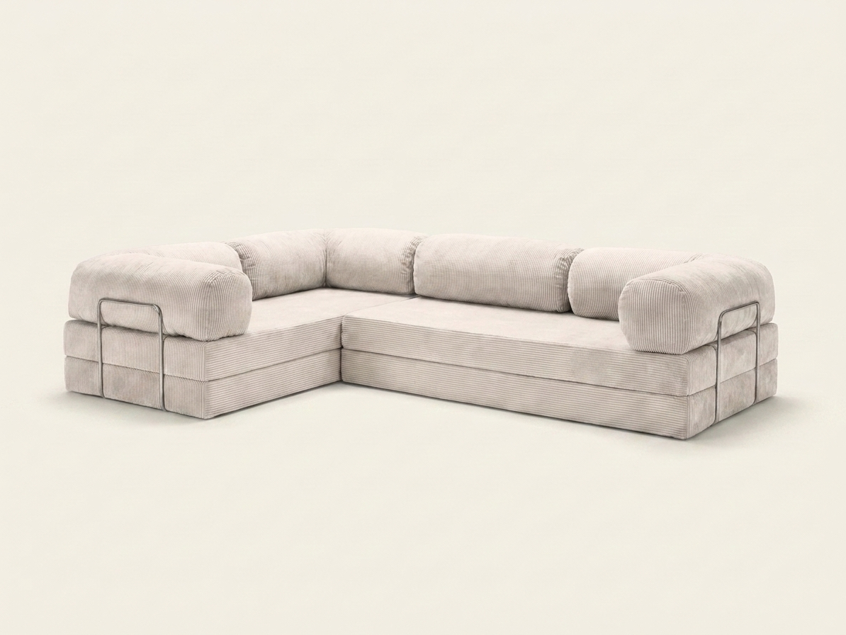 Nora Angle, canapé d'angle convertible en velours côtelé, coloris blanc crème