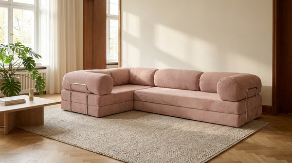 NORA ANGLE · Canapé d'angle convertible velours côtelé · Vieux rose