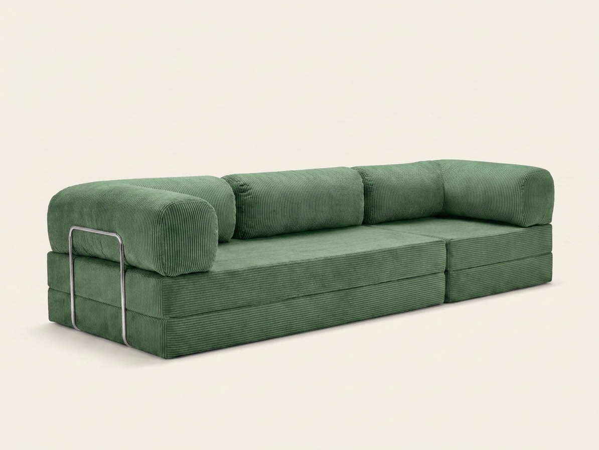 Nora Grand, grand canapé convertible en velours côtelé, coloris vert sauge