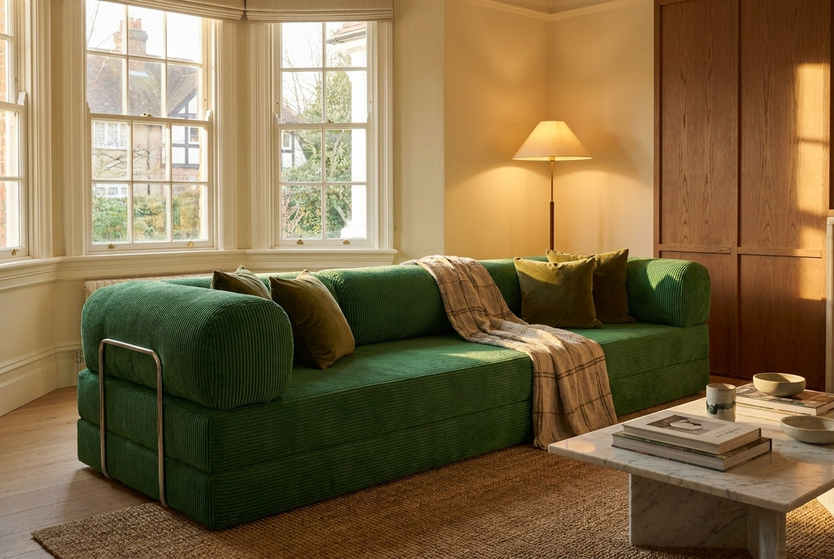 NORA GRAND · Grand canapé droit convertible velours côtelé · Vert sauge