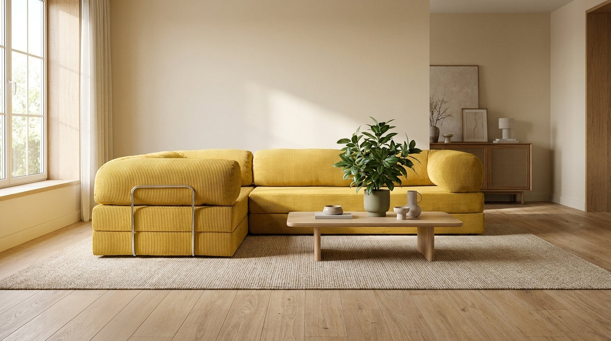 NORA ANGLE · Canapé d'angle convertible velours côtelé · Jaune