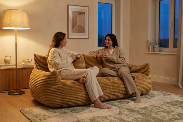 Moment thé sur le canapé pouf Pola Duo caramel