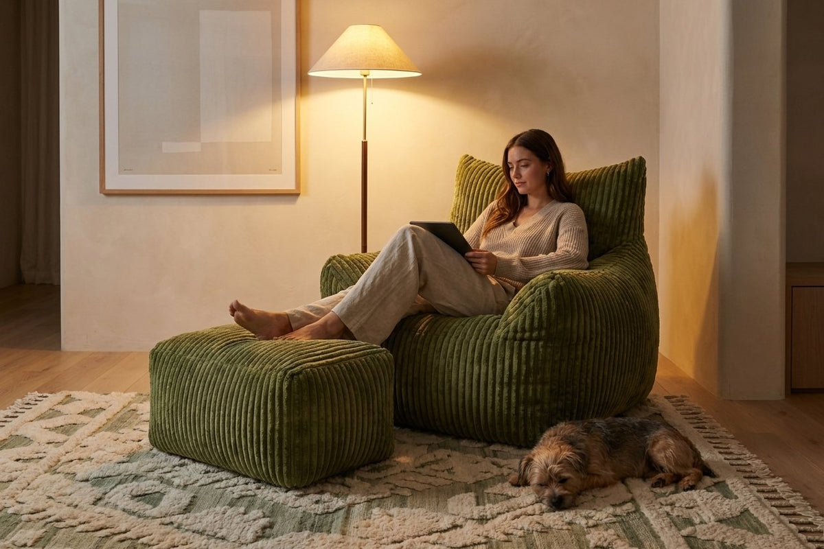 Soirée détente dans le fauteuil pouf Pola vert amande avec son ottoman