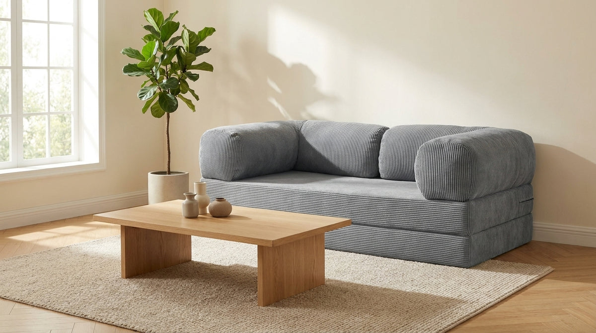 NORA · Canapé droit convertible velours côtelé · Gris