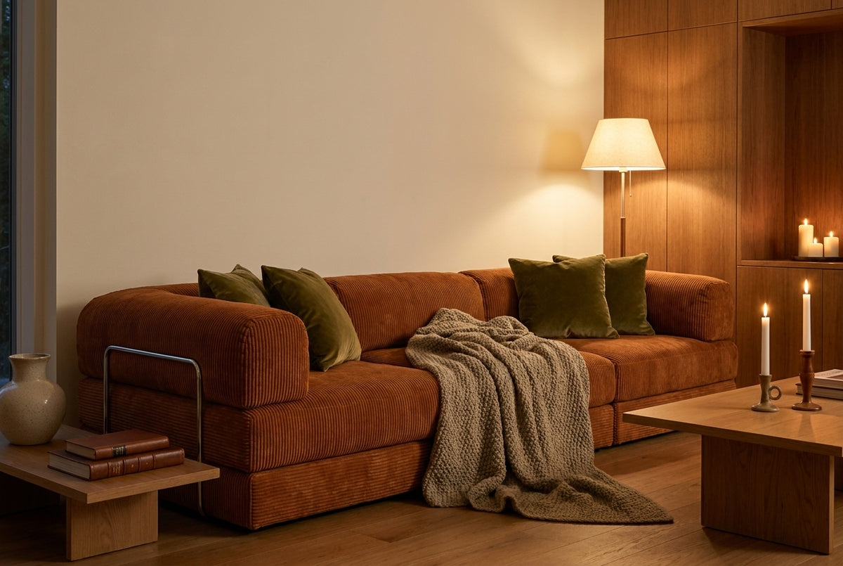 NORA GRAND · Grand canapé droit convertible velours côtelé · Orange