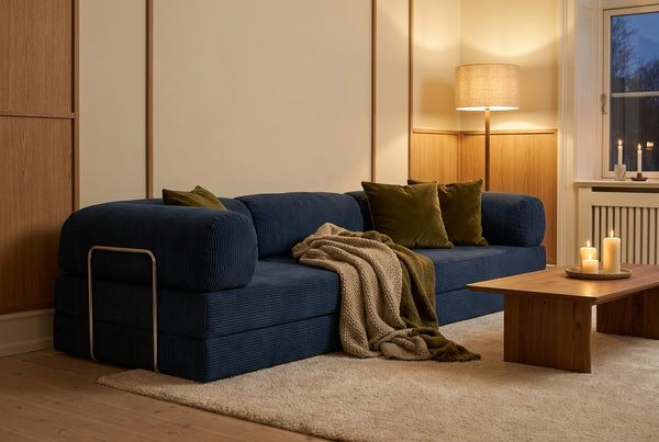 NORA ANGLE · Canapé d'angle convertible velours côtelé · Bleu