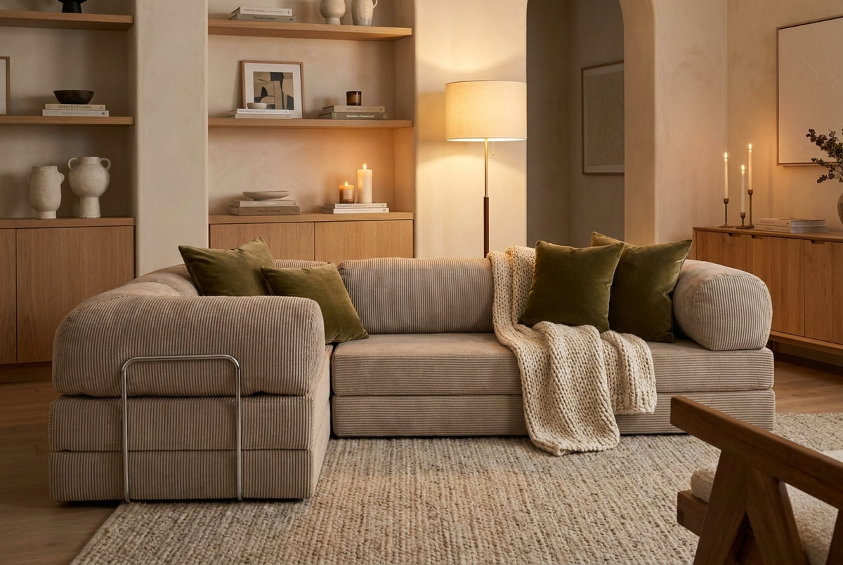 NORA ANGLE · Canapé d'angle convertible velours côtelé · Beige