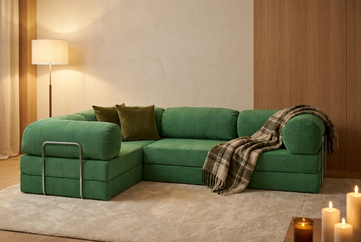 NORA ANGLE · Canapé d'angle convertible velours côtelé · Vert sauge