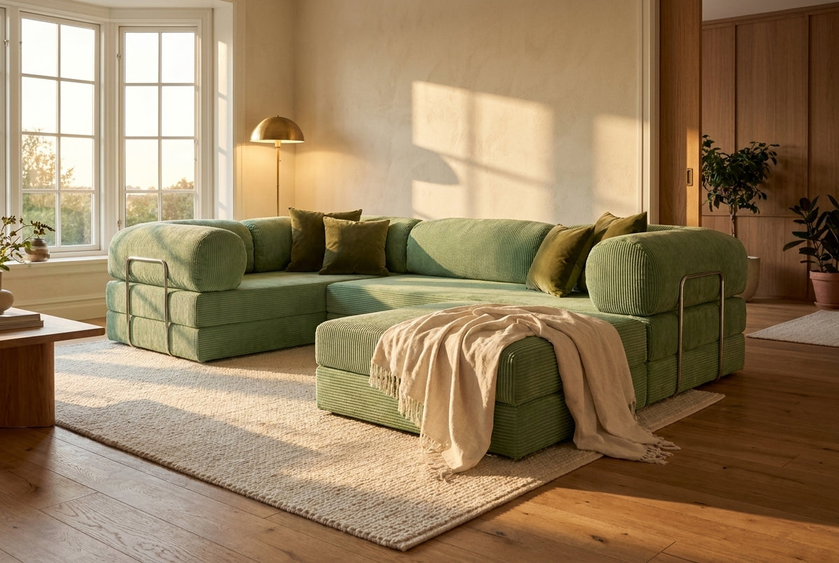 NORA ANGLE · Canapé d'angle convertible velours côtelé · Vert sauge