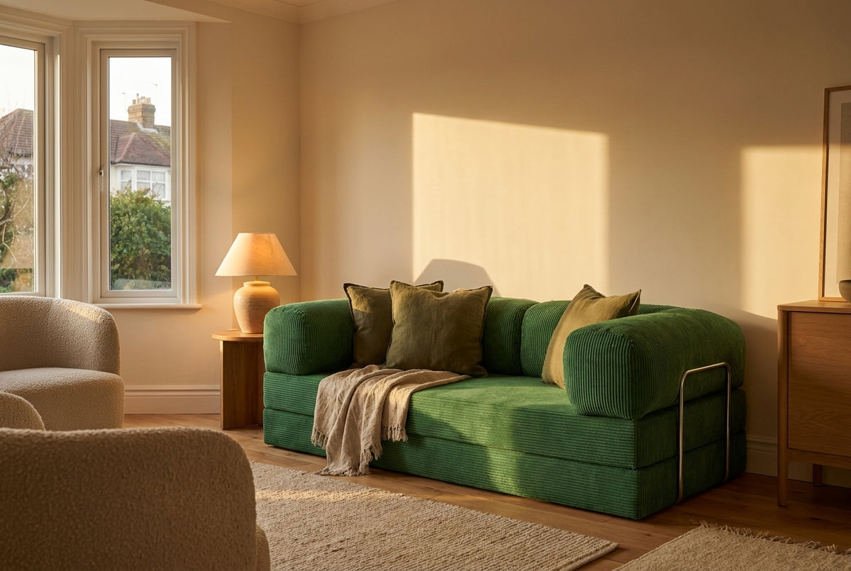 NORA · Canapé droit convertible velours côtelé · Vert sauge