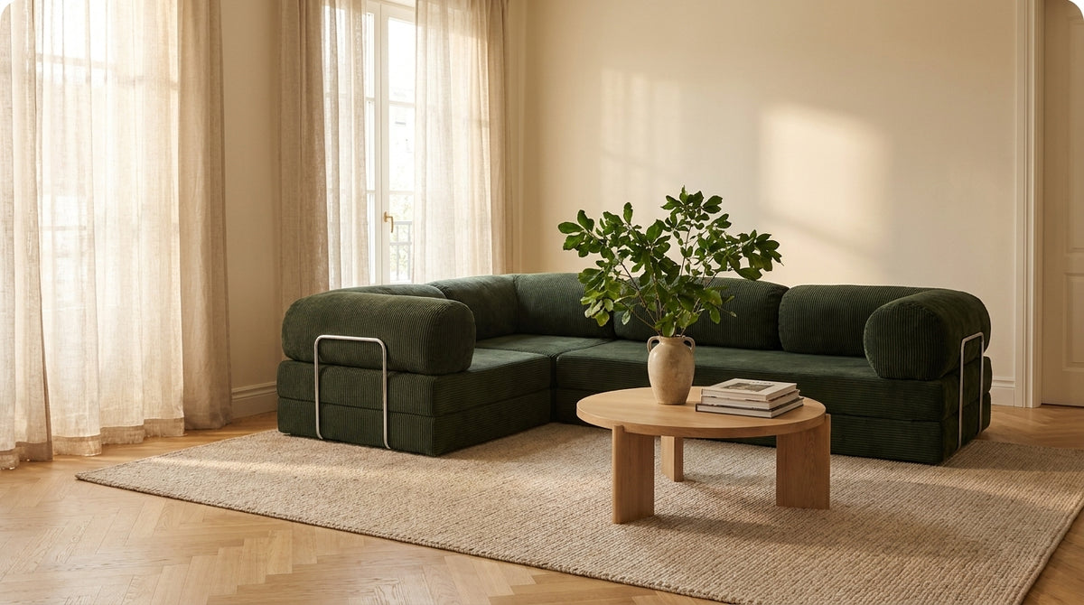 NORA ANGLE · Canapé d'angle convertible velours côtelé · Vert