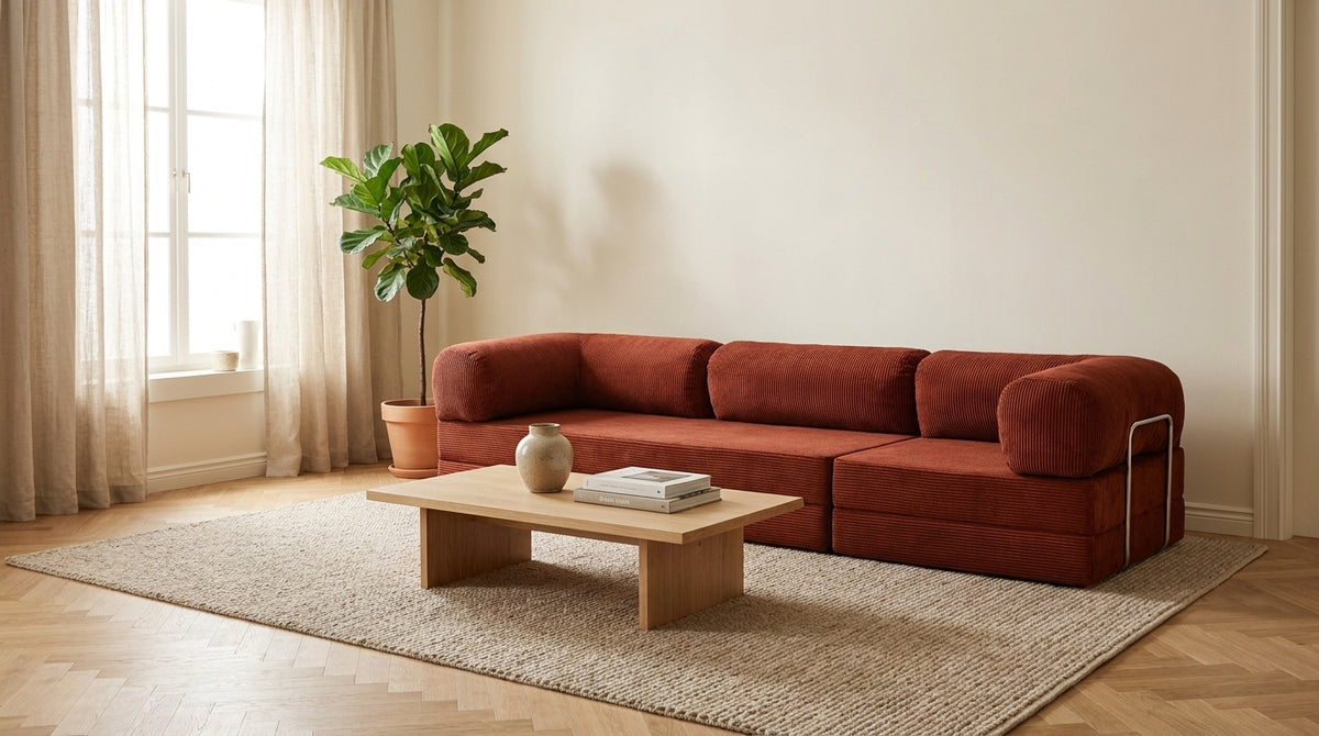 NORA GRAND · Grand canapé droit convertible velours côtelé · Terracotta