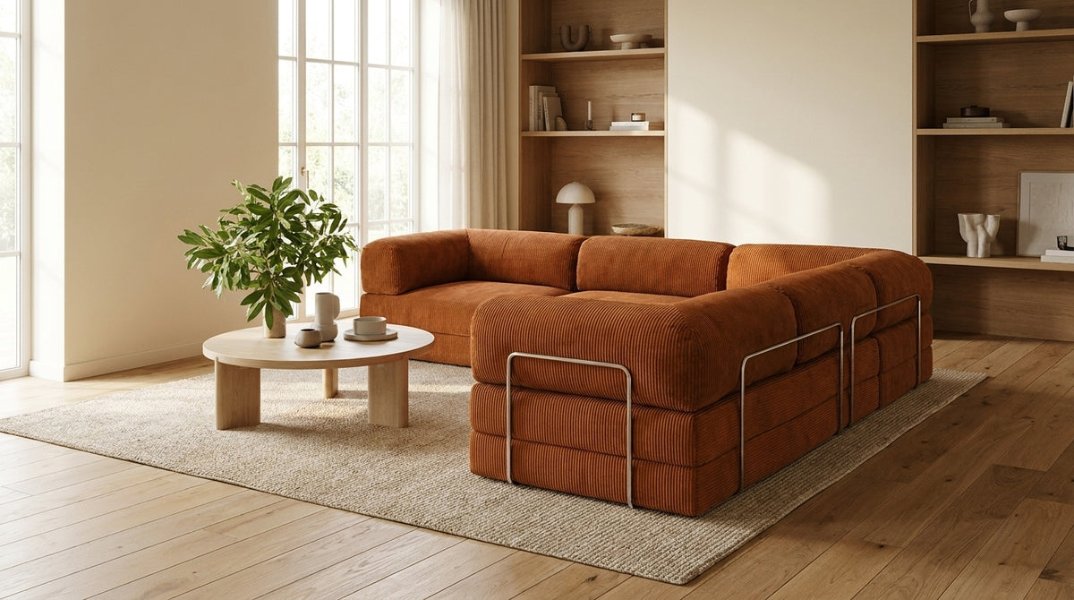 NORA GRAND · Grand canapé droit convertible velours côtelé · Orange
