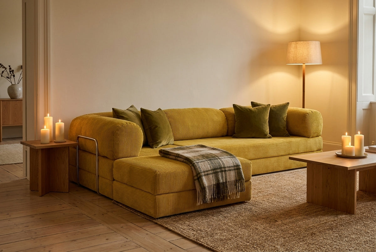 NORA ANGLE · Canapé d'angle convertible velours côtelé · Jaune