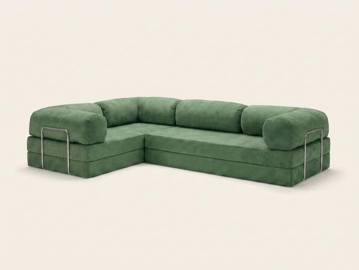 Nora Angle, canapé d'angle convertible en velours côtelé, coloris vert sauge