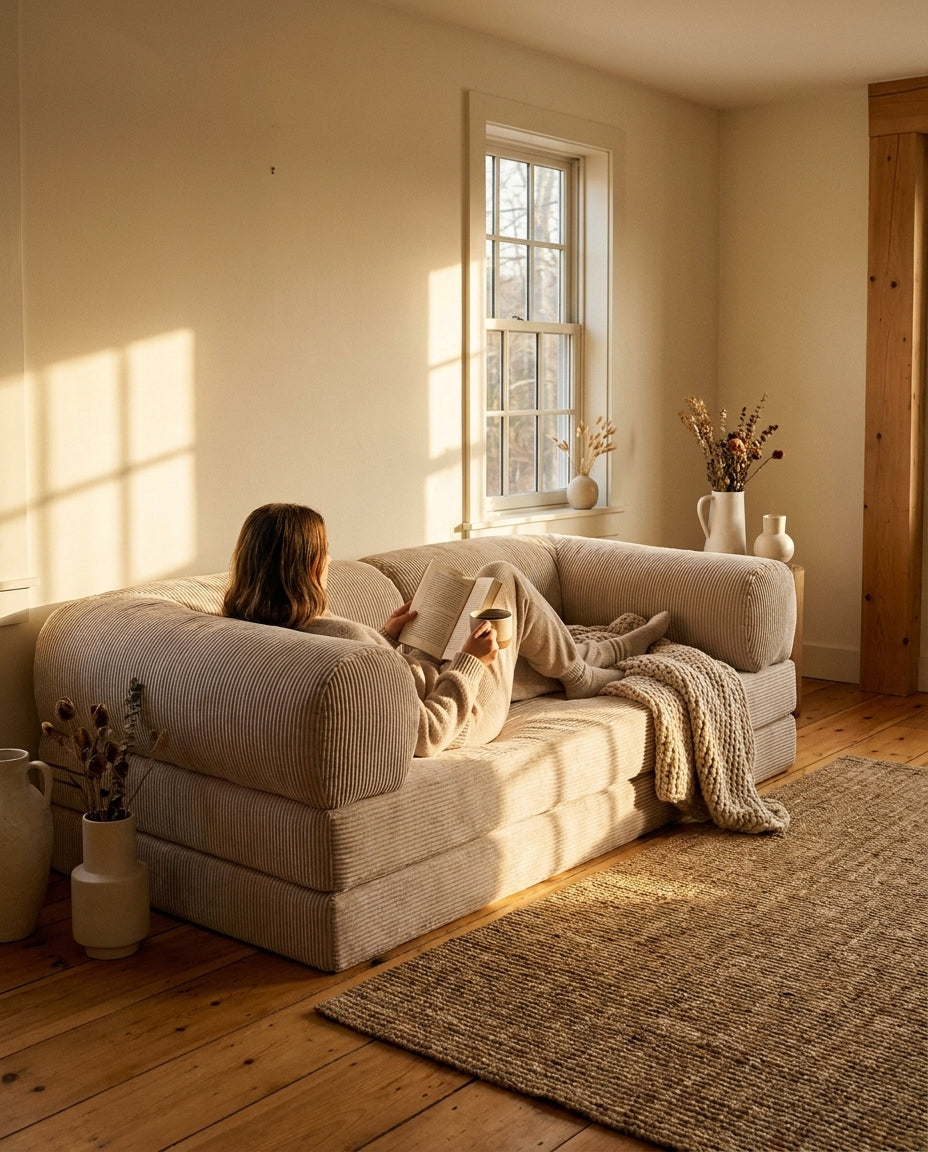 NORA · Canapé droit convertible velours côtelé · Beige