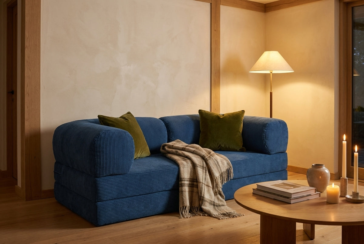 NORA · Canapé droit convertible velours côtelé · Bleu