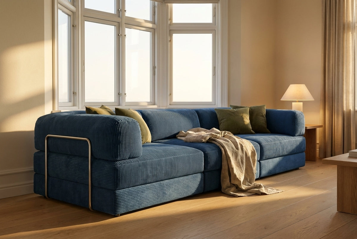 NORA GRAND · Grand canapé droit convertible velours côtelé · Bleu