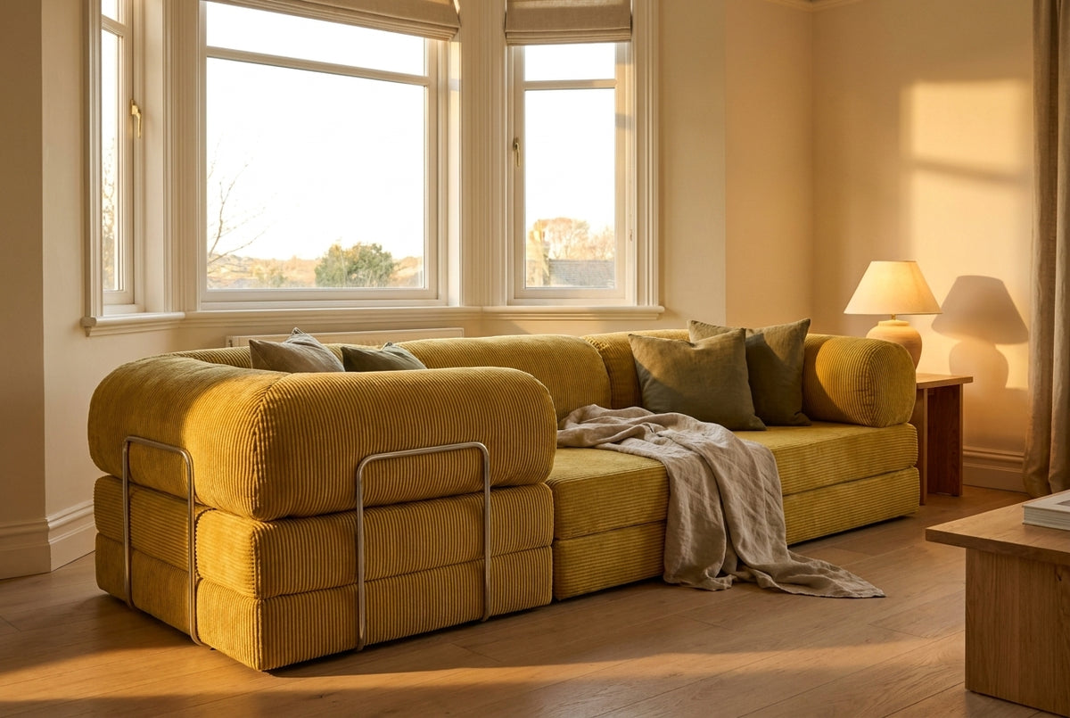 NORA ANGLE · Canapé d'angle convertible velours côtelé · Jaune