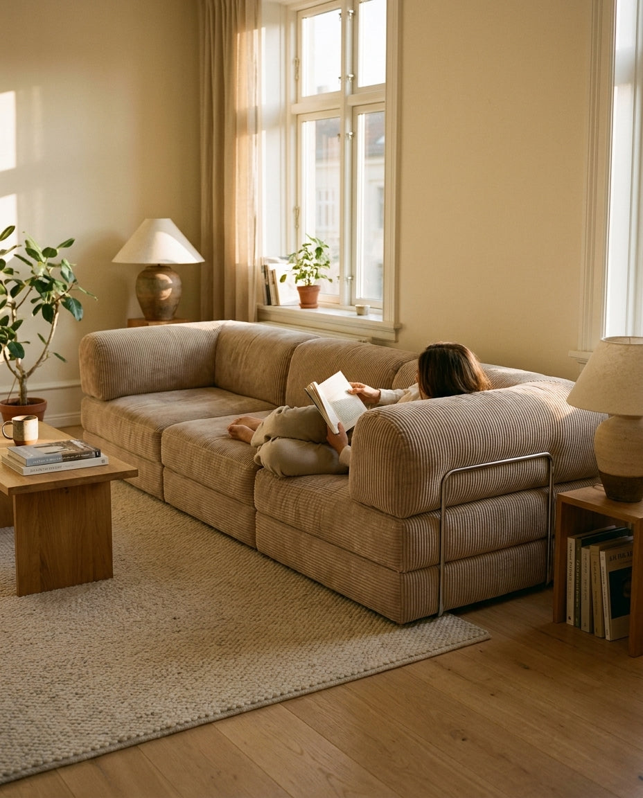 NORA GRAND · Grand canapé droit convertible velours côtelé · Beige