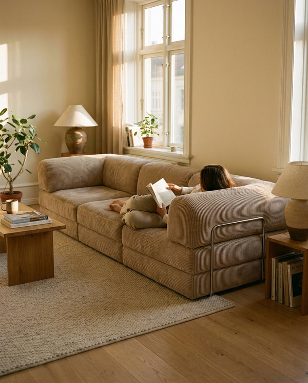 NORA GRAND · Grand canapé droit convertible velours côtelé · Beige