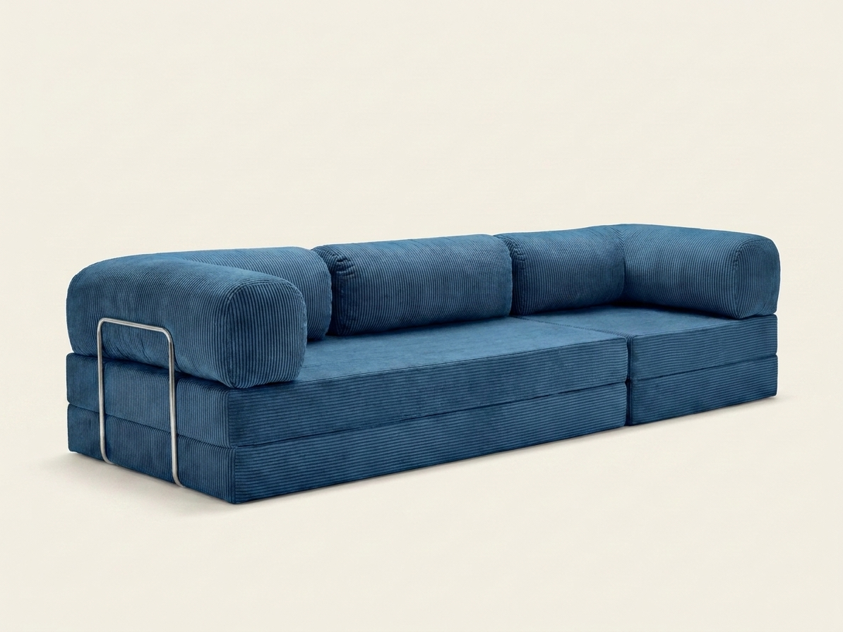 Nora Grand, grand canapé convertible en velours côtelé, coloris bleu