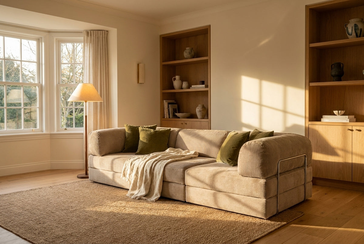 NORA GRAND · Grand canapé droit convertible velours côtelé · Beige