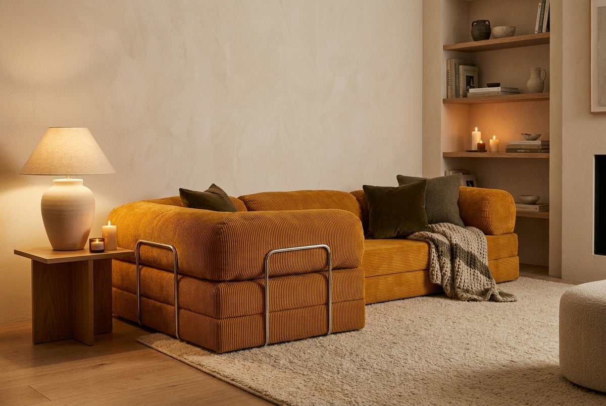 NORA ANGLE · Canapé d'angle convertible velours côtelé · Moutarde