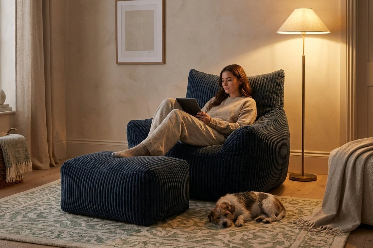 Soirée détente dans le fauteuil pouf Pola bleu nuit avec son ottoman
