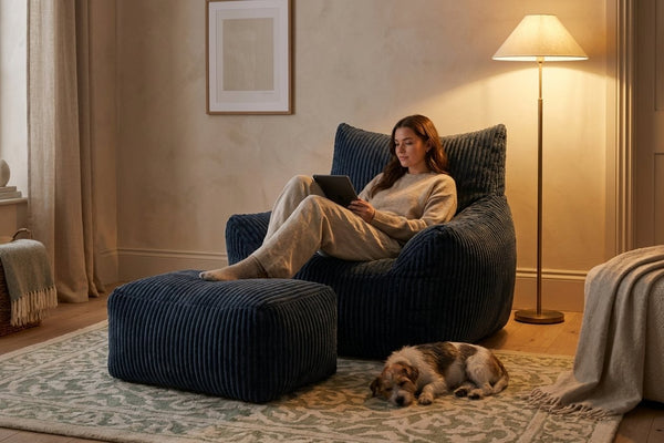 Soirée détente dans le fauteuil pouf Pola bleu nuit avec son ottoman