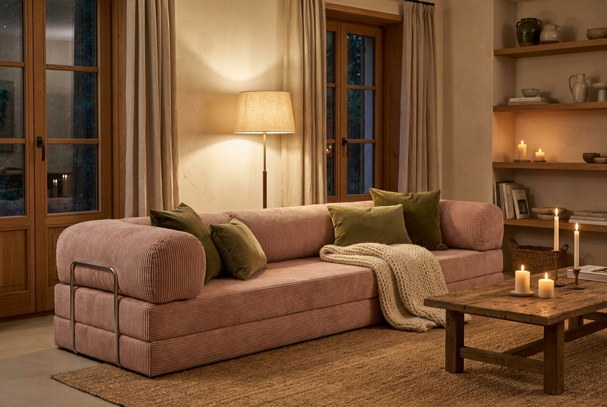 NORA GRAND · Grand canapé droit convertible velours côtelé · Vieux rose