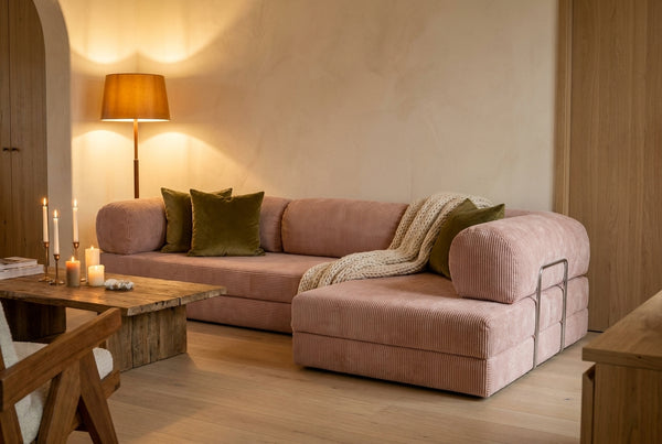 NORA ANGLE · Canapé d'angle convertible velours côtelé · Vieux rose