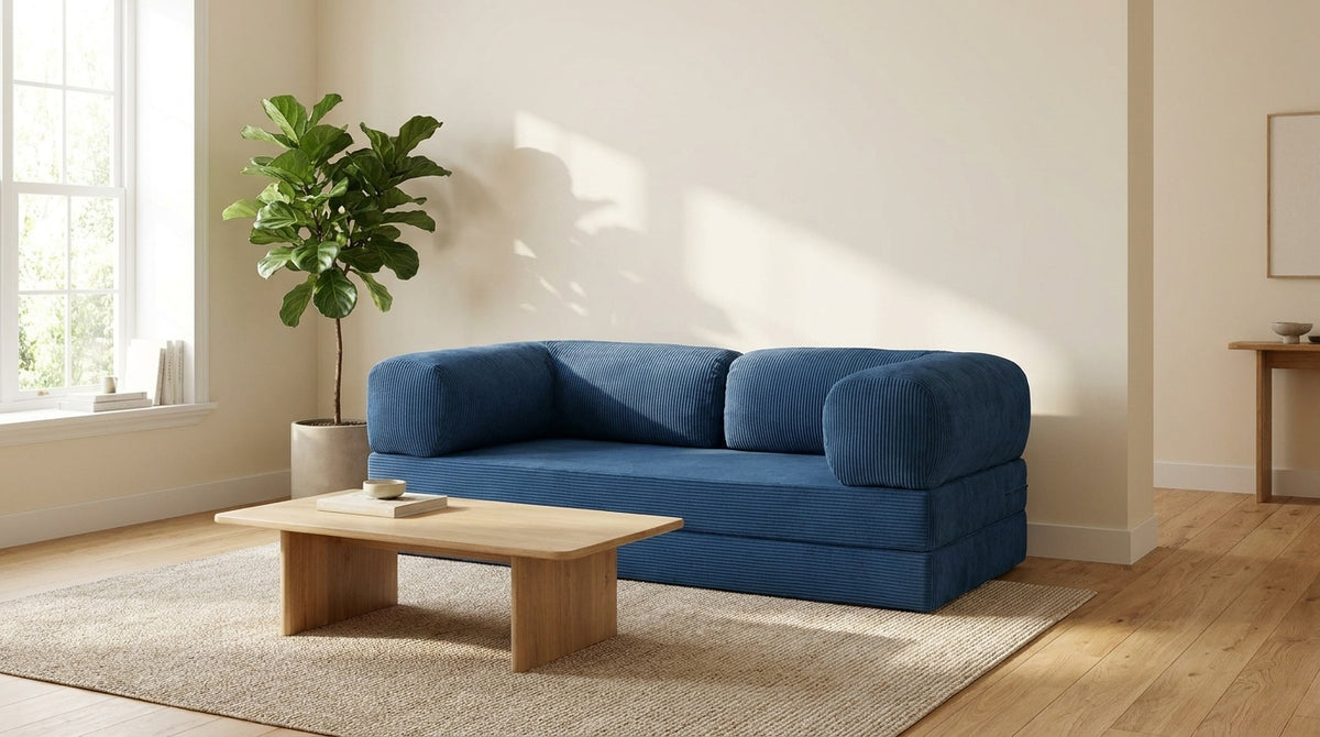 NORA · Canapé droit convertible velours côtelé · Bleu