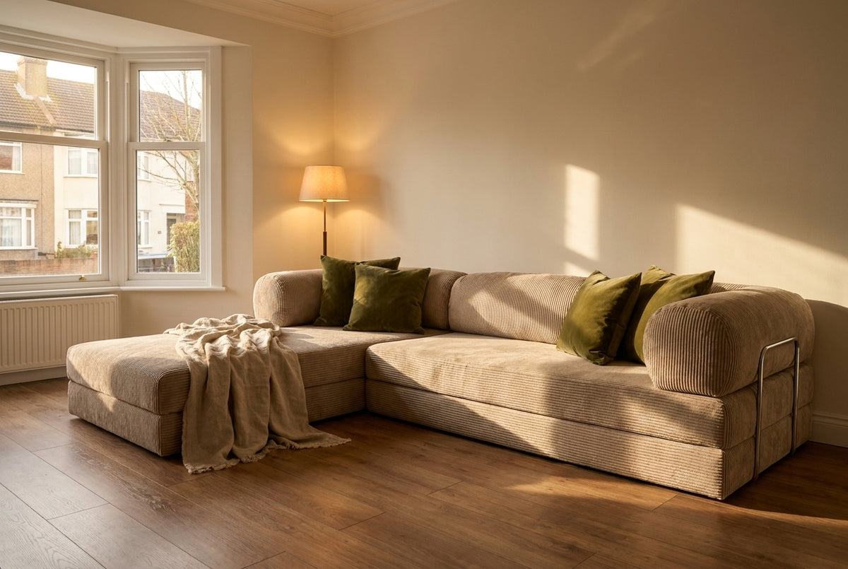 NORA ANGLE · Canapé d'angle convertible velours côtelé · Beige
