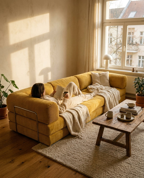 NORA GRAND · Grand canapé droit convertible velours côtelé · Jaune