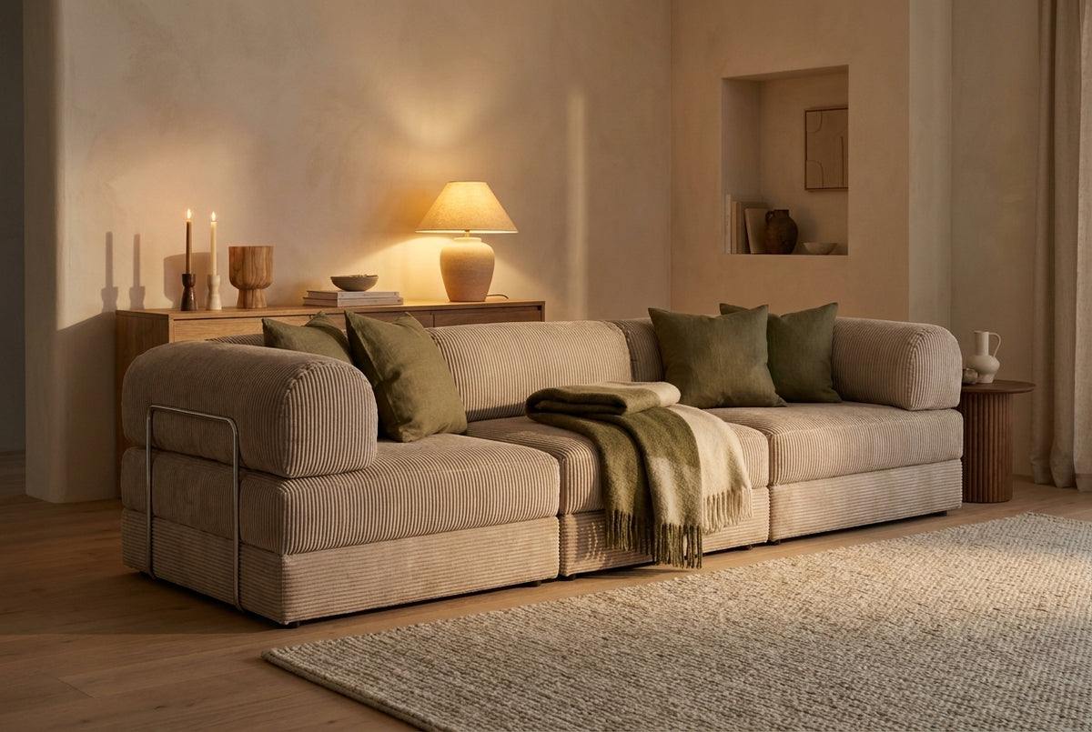 NORA GRAND · Grand canapé droit convertible velours côtelé · Beige
