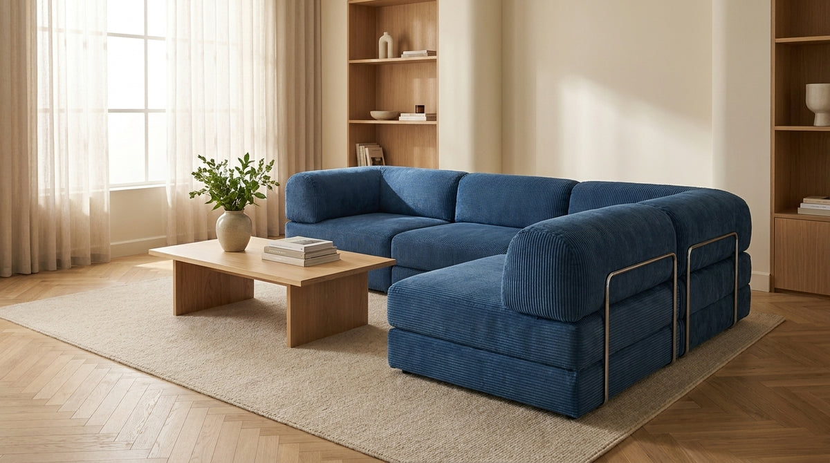 NORA GRAND · Grand canapé droit convertible velours côtelé · Bleu