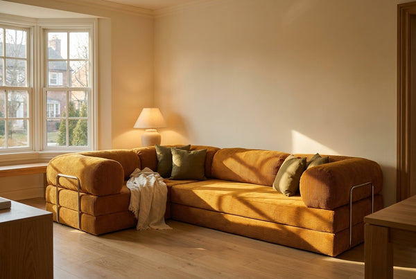 NORA ANGLE · Canapé d'angle convertible velours côtelé · Moutarde