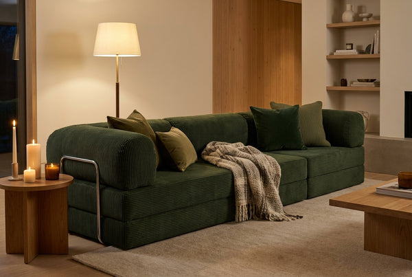 NORA GRAND · Grand canapé droit convertible velours côtelé · Vert