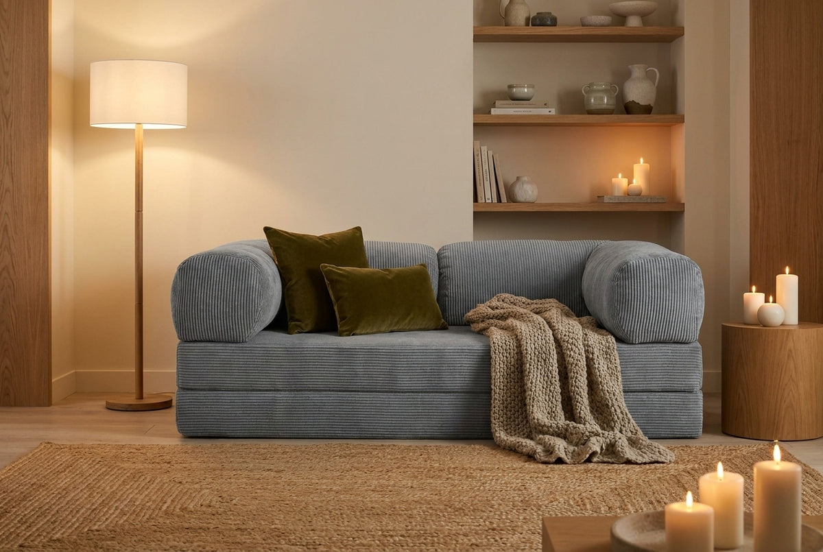 NORA · Canapé droit convertible velours côtelé · Gris