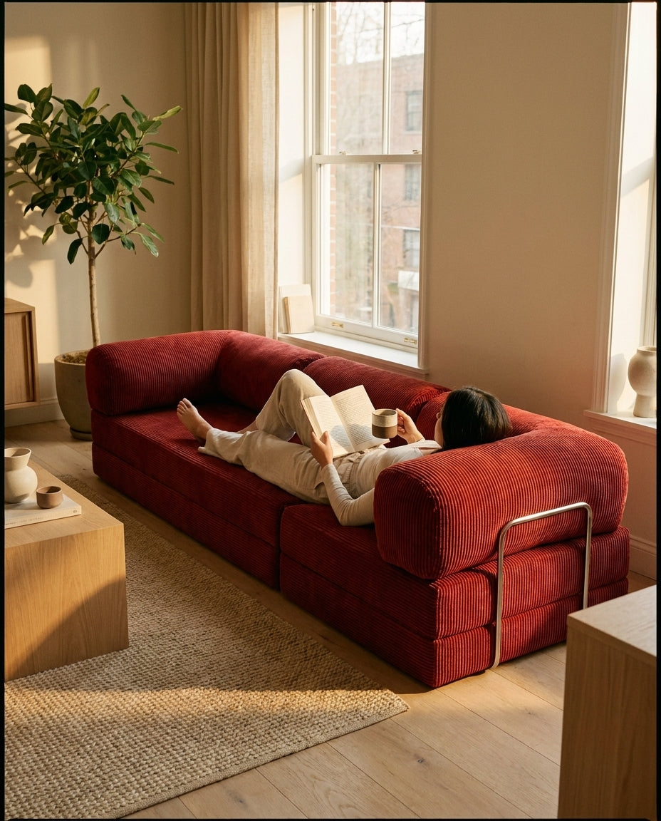 NORA GRAND · Grand canapé droit convertible velours côtelé · Terracotta