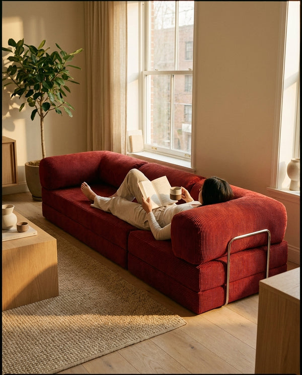 NORA GRAND · Grand canapé droit convertible velours côtelé · Terracotta