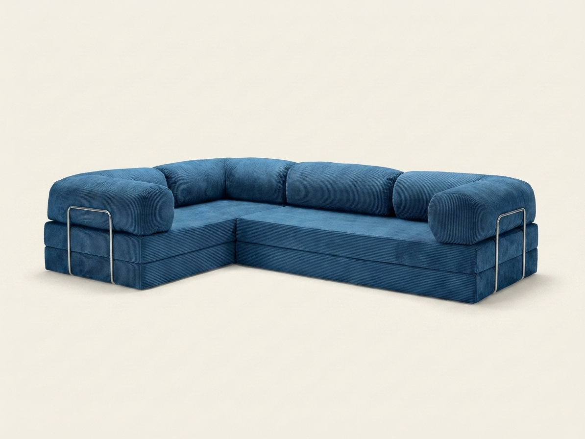 Nora Angle, canapé d'angle convertible en velours côtelé, coloris bleu
