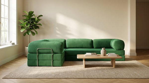 NORA ANGLE · Canapé d'angle convertible velours côtelé · Vert sauge