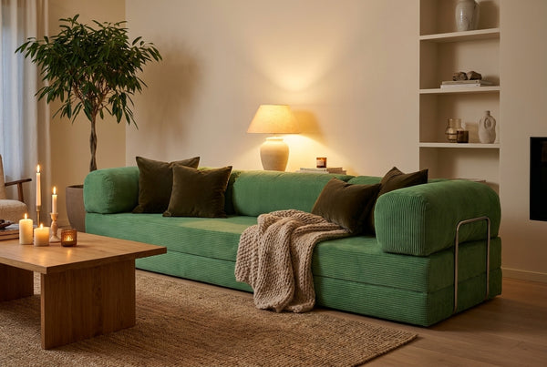 NORA GRAND · Grand canapé droit convertible velours côtelé · Vert sauge