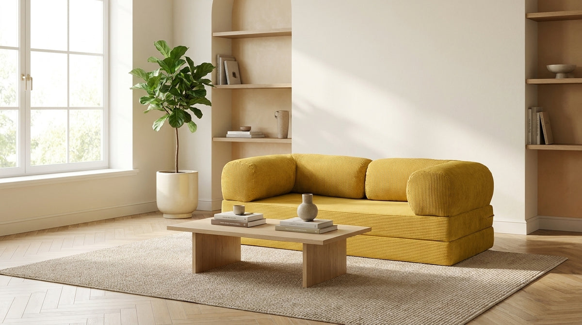 NORA · Canapé droit convertible velours côtelé · Jaune