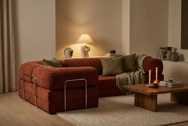 NORA ANGLE · Canapé d'angle convertible velours côtelé · Terracotta