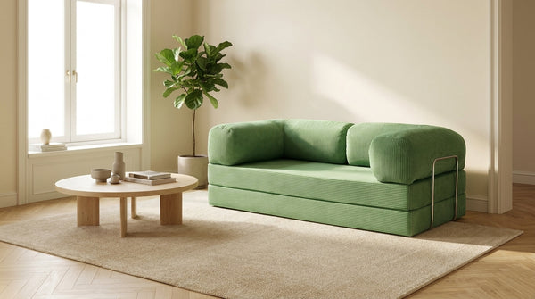 NORA · Canapé droit convertible velours côtelé · Vert sauge