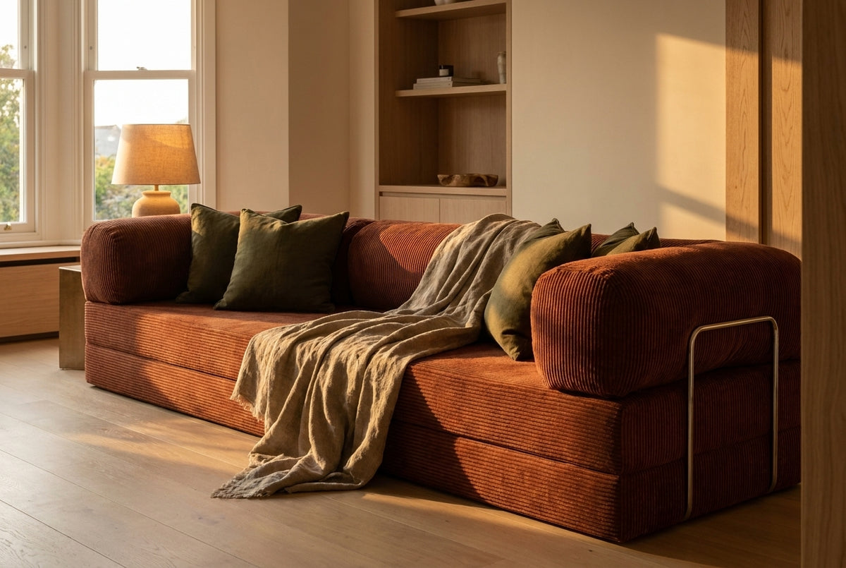 NORA GRAND · Grand canapé droit convertible velours côtelé · Terracotta